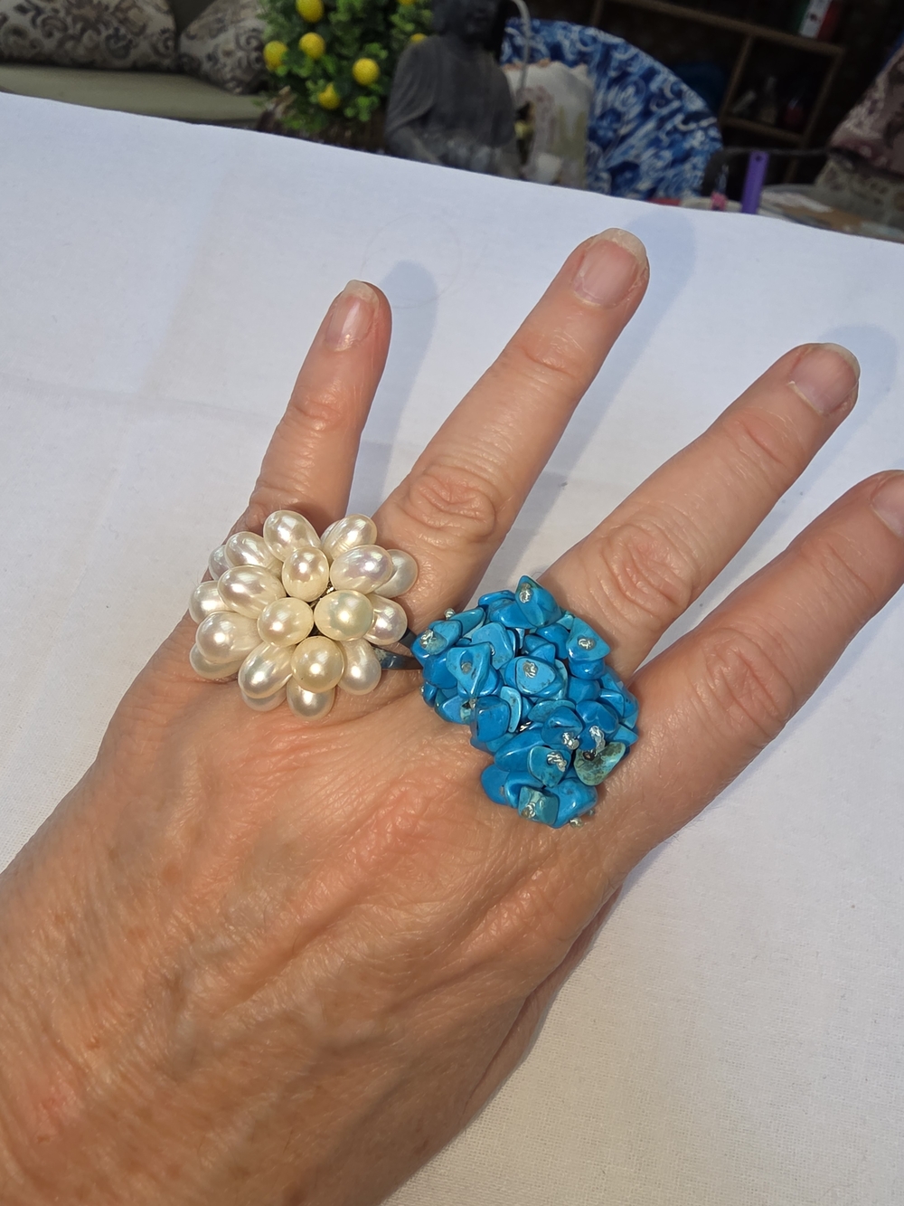 Pearl Cluster and Turquoise Floral Rings - Women Jewelry